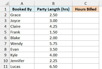 Party rental bookings with party length in hours and an empty Hours Billed column