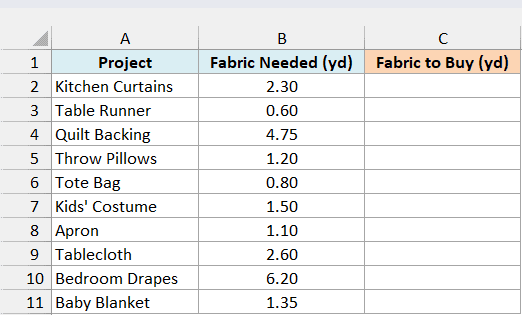 Excel table showing project names in column A and fabric needed in yards in column B, with an empty Fabric to Buy column