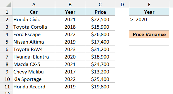 Used car list with >=2020 under the Year criteria header and an empty Price Variance cell