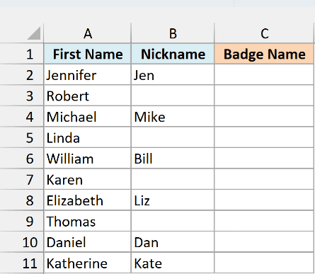 First names and nicknames with an empty Badge Name column