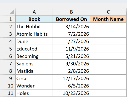 Library loan log with borrowed dates beside an empty Month Name column