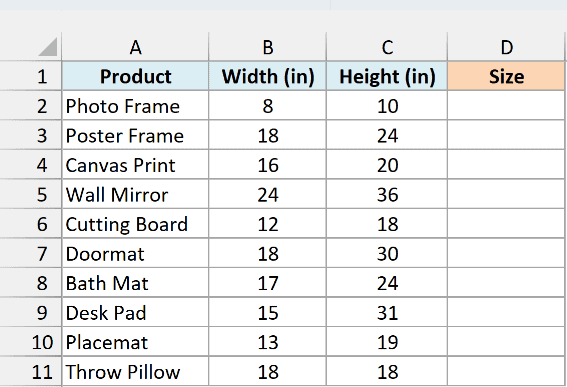 Products with width and height in inches and an empty Size column