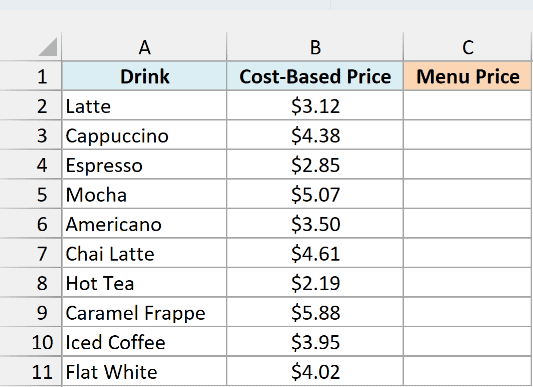 Coffee shop drinks with cost-based prices beside an empty Menu Price column