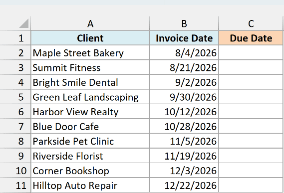 Client invoices and invoice dates beside an empty Due Date column