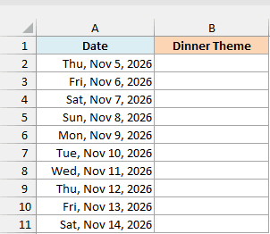 Ten dates from November 5 to 14, 2026 appear beside an empty Dinner Theme column