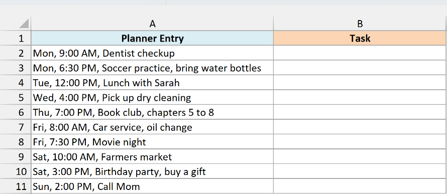 Weekly planner entries with day, time and task, and an empty Task column