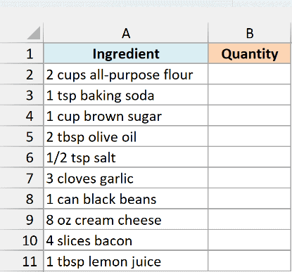 Recipe ingredient lines next to an empty Quantity column