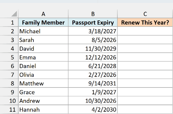 Family members with passport expiry dates beside an empty Renew This Year? column