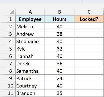 Weekly timesheet template with employee hours next to an empty Locked? column