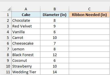 Ten cakes with their diameter in inches beside an empty Ribbon Needed column