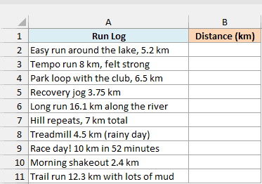 Running log entries with distances in kilometers, beside an empty Distance (km) column