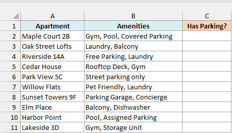 Ten apartments with their amenities beside an empty Has Parking? column