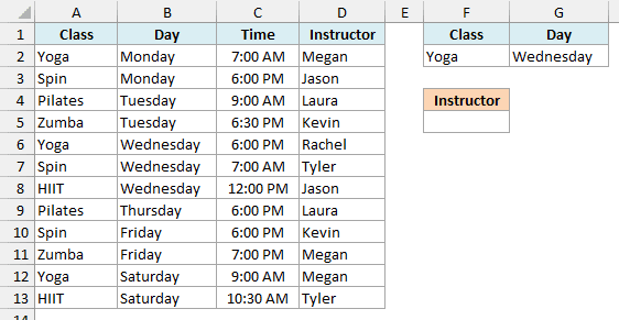 Gym class schedule with Yoga and Wednesday on the same criteria row under Class and Day