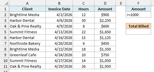 Freelancer invoice list with >=1000 under the Amount criteria header and an empty Total Billed cell