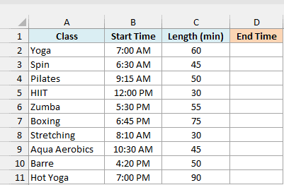 Gym classes with start times and lengths in minutes beside an empty End Time column