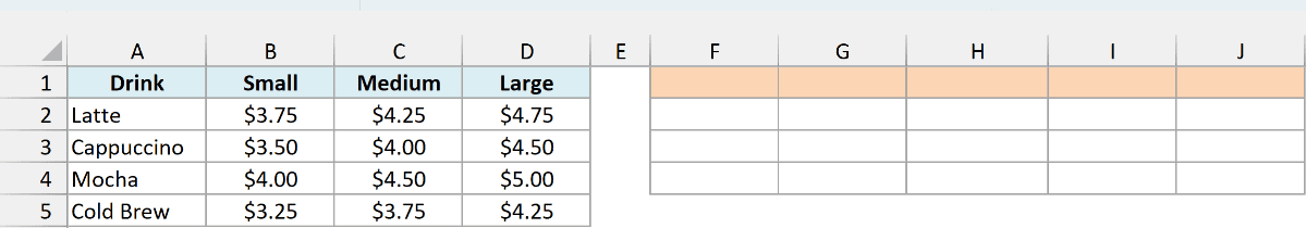 Coffee prices appear by drink and size beside an empty result area.