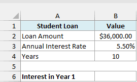 Student loan of $36,000 at 5.50% for 10 years with an empty Interest in Year 1 cell