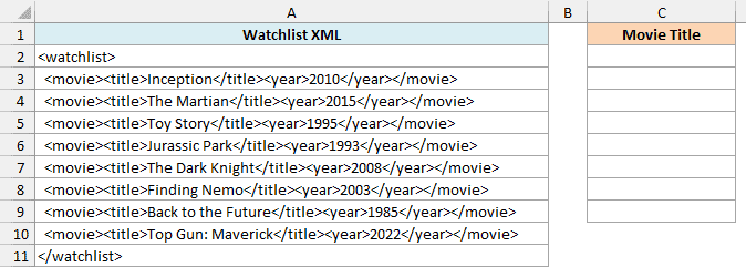 A movie watchlist in XML pasted one line per row in column A, beside an empty Movie Title column
