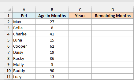 Pets with their age in months beside empty Years and Remaining Months columns