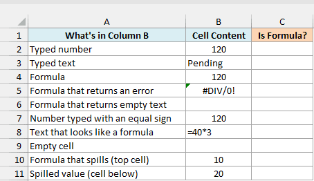 Different kinds of cell content in column B with a description of each in column A
