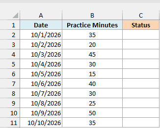 Piano practice log with the date and minutes practiced each day, and an empty Status column