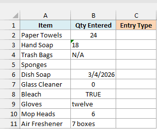 Stock count form with numeric, text, date, and logical entries beside an empty Entry Type column