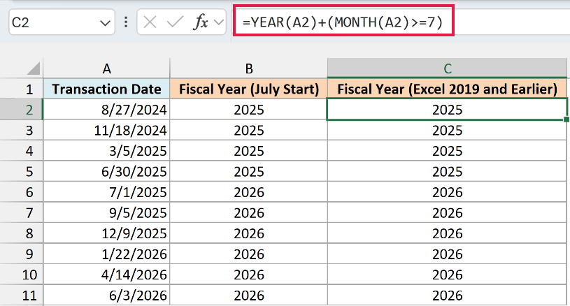 Fiscal year formula in C2 copied down to C11 for a July start in Excel 2019 and earlier