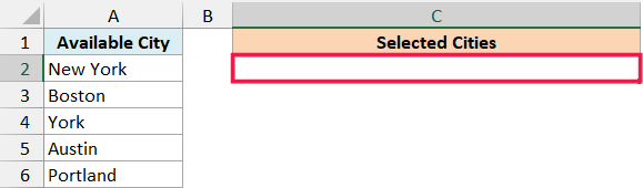 Cell C2 selected before creating its drop-down list.