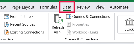 The Data tab on the Excel ribbon.