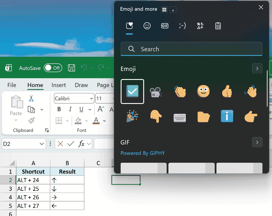 Windows emoji panel opened over an Excel cell in edit mode
