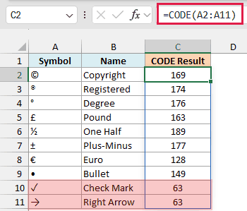 CODE returns 169 for the copyright sign and 63 for the check mark and right arrow