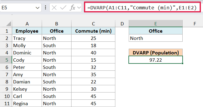 DVARP formula in E5 returning 97.22 for the North office commute times