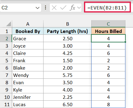 EVEN formula in C2 rounds each party length up to an even number of hours, like 2.25 to 4