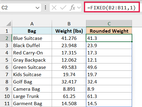 FIXED with 1 decimal in C2 rounds each bag weight to one decimal place