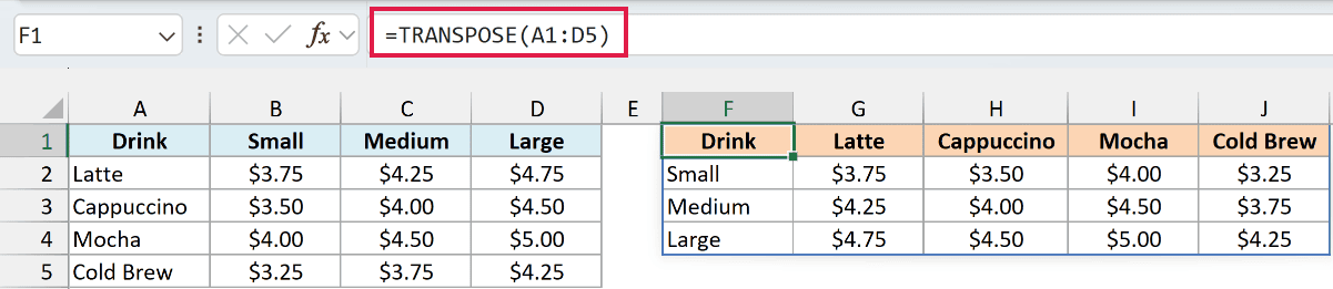 TRANSPOSE displays coffee sizes down the side and drinks across the top.