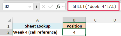 SHEET with a reference to Week 4 cell A1 returns 4