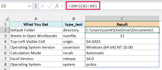 One INFO formula on B2:B8 spilling the folder, sheet count, origin, OS version, calculation mode, Excel version and system into C2:C8
