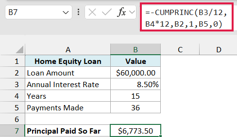 CUMPRINC with a minus sign returns $6,773.50 of principal paid in the first 36 payments