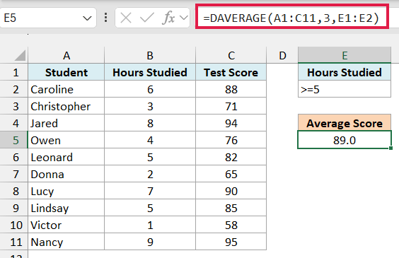 DAVERAGE formula using 3 as the field returning an average score of 89.0