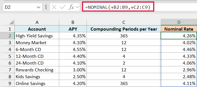 One NOMINAL formula with plus signs spills the nominal rate for all eight accounts
