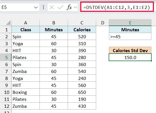 DSTDEV formula using 3 as the field returning 150.0 for classes of 45 minutes or more