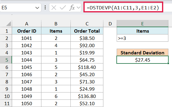 DSTDEVP formula in E5 using 3 as the field and returning $27.45 for orders with 3 or more items