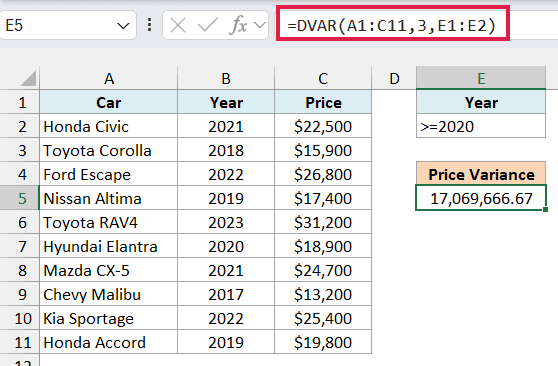 DVAR formula using 3 as the field returning a price variance of 17,069,666.67