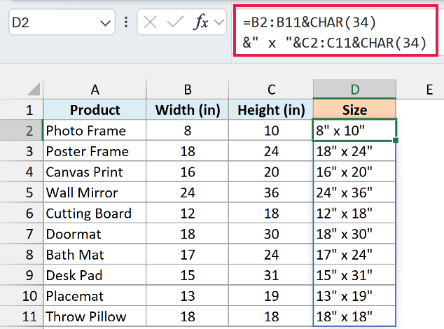 Formula using CHAR(34) to create size labels with inch marks, such as 8" x 10"
