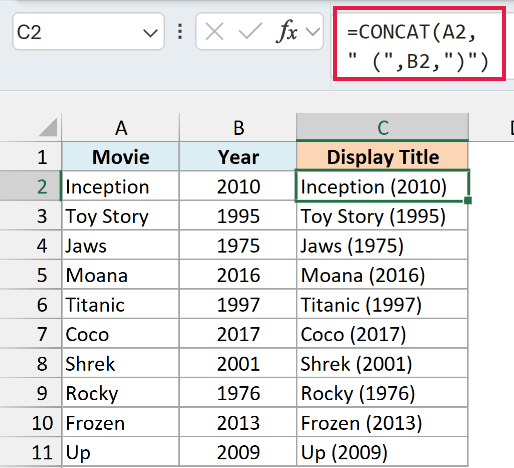CONCAT formula adds each movie's release year in parentheses after its title.