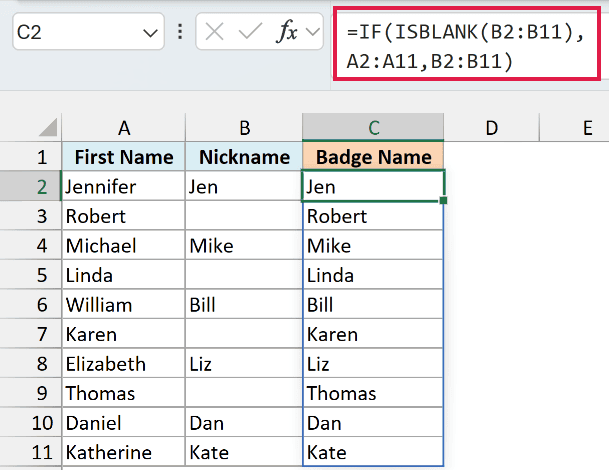 IF and ISBLANK formula returning the nickname or the first name as the badge name
