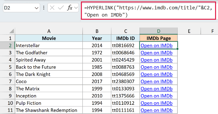 HYPERLINK formula joins the IMDb title address with each movie ID to show an Open on IMDb link