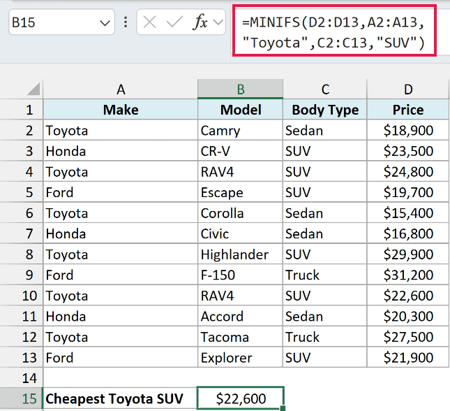 MINIFS with two conditions returns $22,600 for the cheapest Toyota SUV