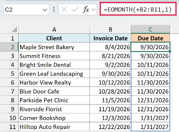 EOMONTH with 1 month gives Maple Street Bakery's 8/4/2026 invoice a due date of 9/30/2026