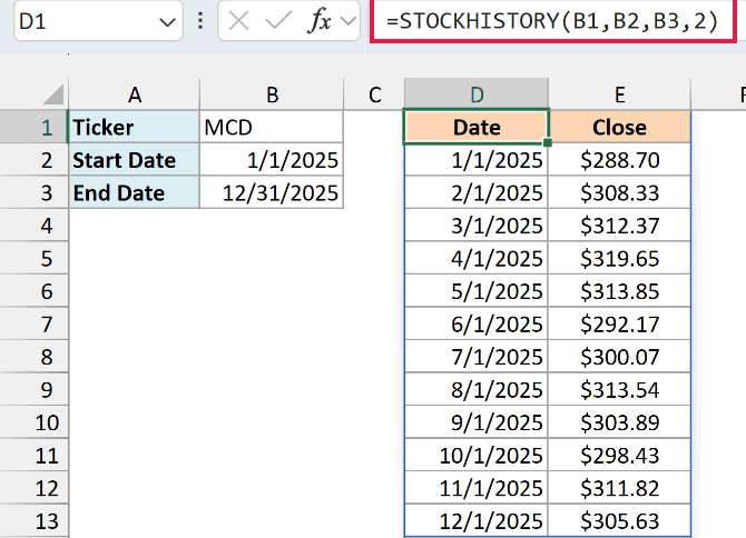 STOCKHISTORY with interval 2 returns one closing price per month of 2025 for McDonald's
